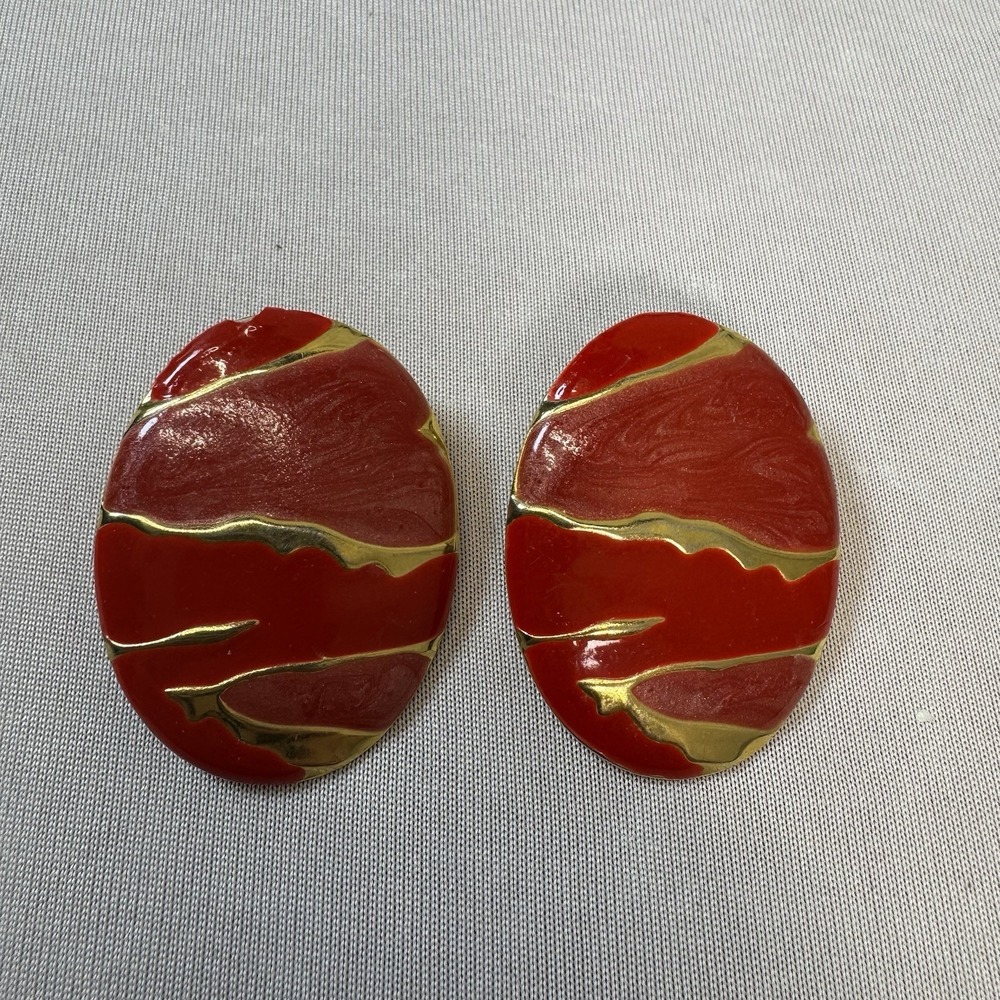 Large‎ Vintage Red Enamel Egg Shaped Pierced Earring with Gold Tone Stripes.